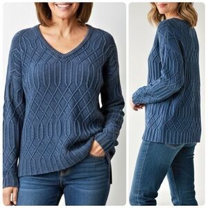 Natural Reflections Blue Cotton V-Neck Cable Knit Fisherman’s Sweater Size Med
